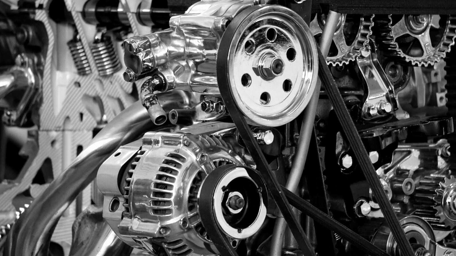 serpentine belt on engine pulleys close up
