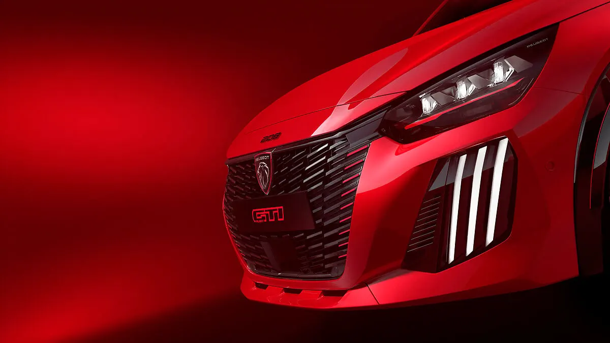 Peugeot E-208 GTi, détail de la calandre et des griffes lumineuses